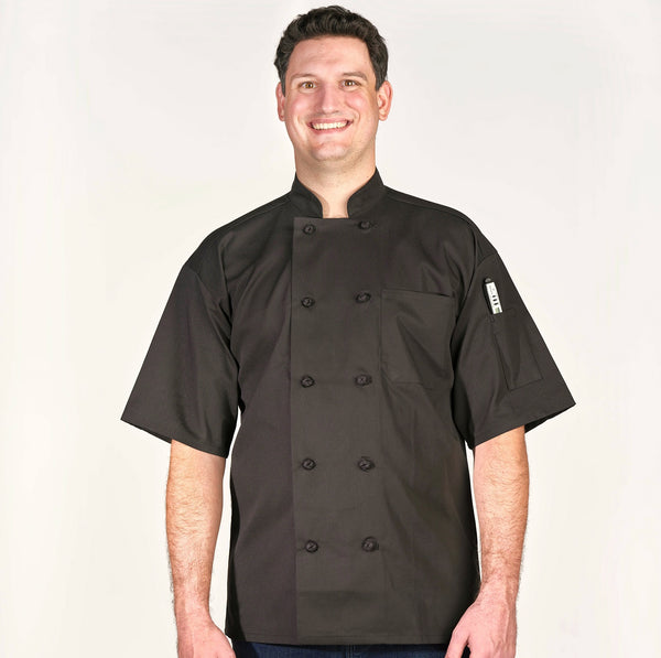 Black Short-Sleeve Knot-Button Chef Coat 5701