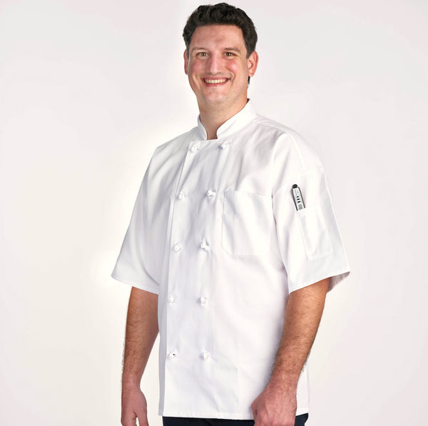 White Short-Sleeve Knot Button Chef Coat 4701